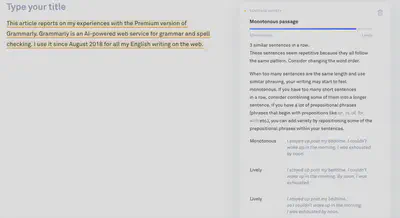 Screenshot of a Grammarly window with alert about a boring text passage