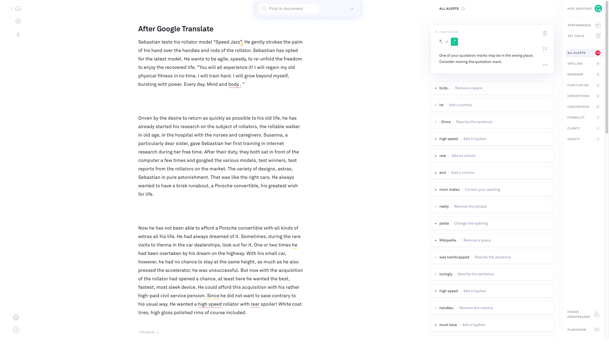 Screenshot of Grammarly alerts after Google Translate