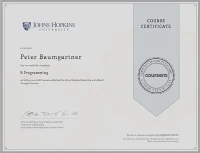 Coursera Certificate for Peter Baumgartner for the course on R Programming.