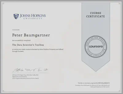 Coursera Certificate for Peter Baumgartner for the course on Data Science Toolboxes.
