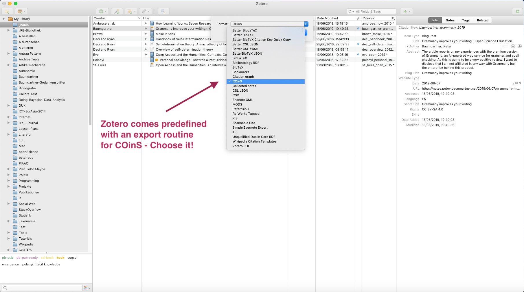 Screenshot shows choosing COinS as export translator.
