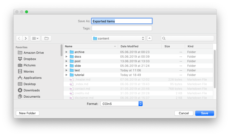 Screenshot shows MacOS Save File dialog window with export mode 'COinS'.