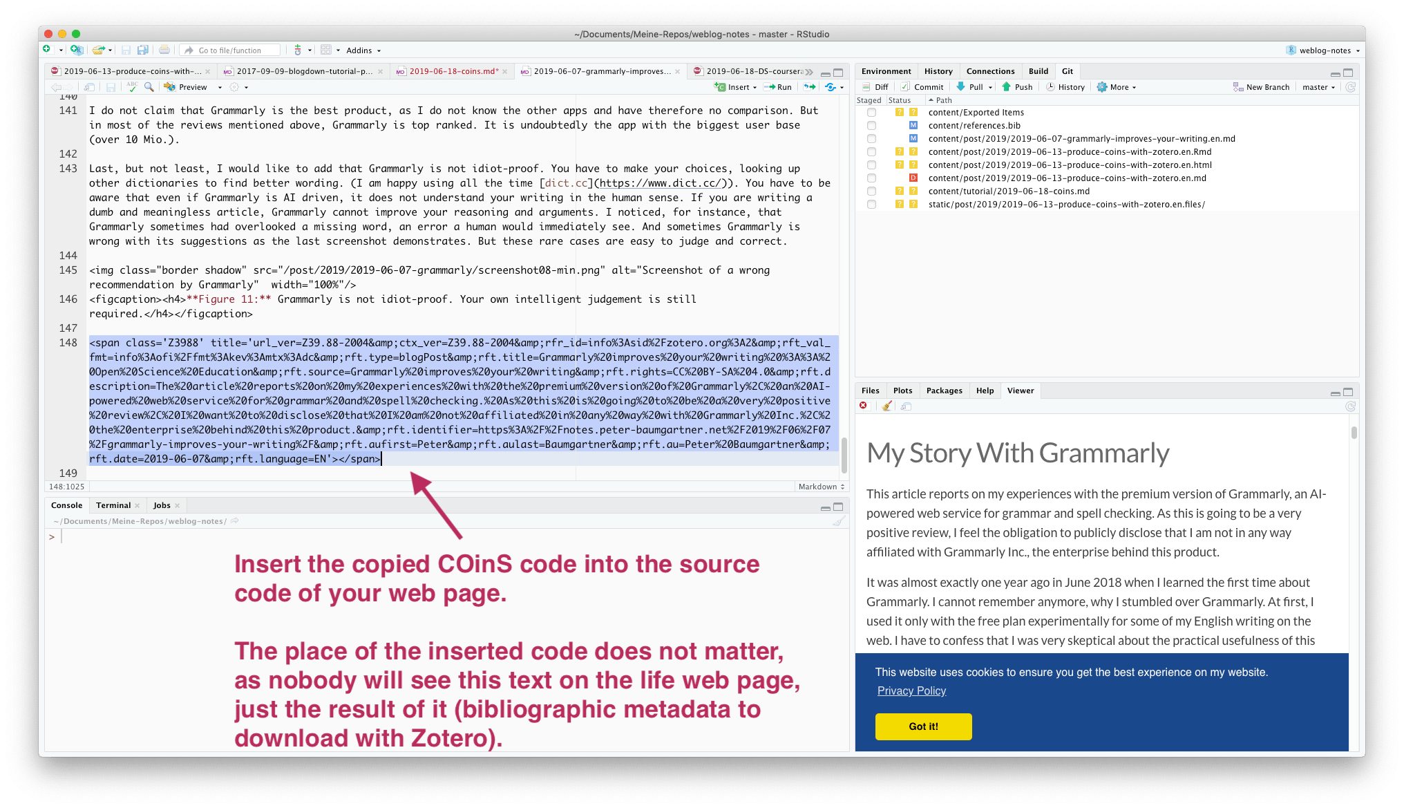 Screenshot shows how the exported COinS code is inserted into the HTML source code of the web page.