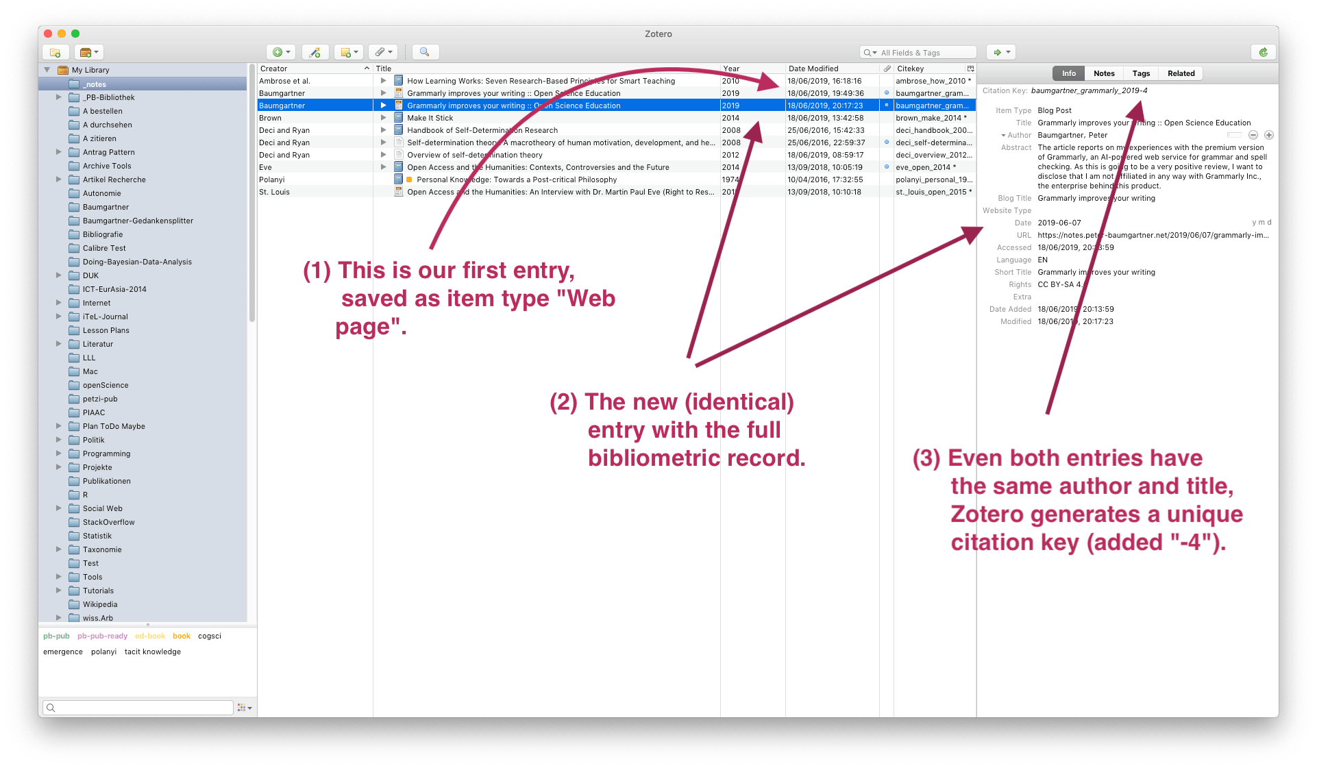 Screenshot shows how the modified bibliographic entry is inspected in Zotero.