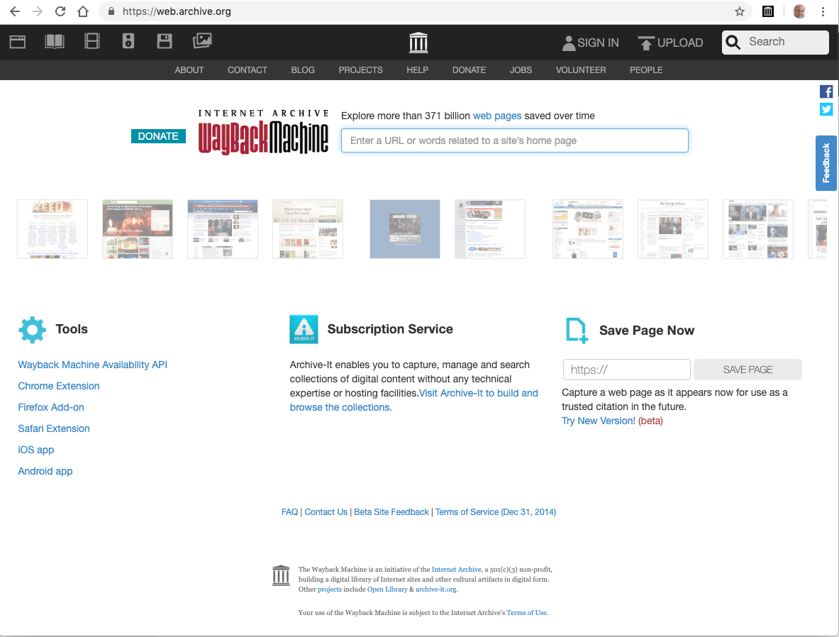 Start page of the Wayback Machine, a service by the Internet Archive