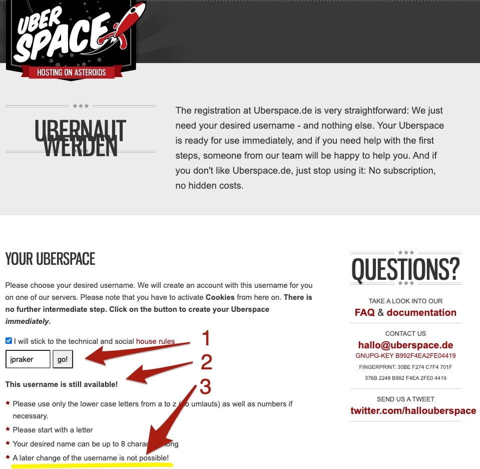 Screenshot shows the registration page of Uberspace