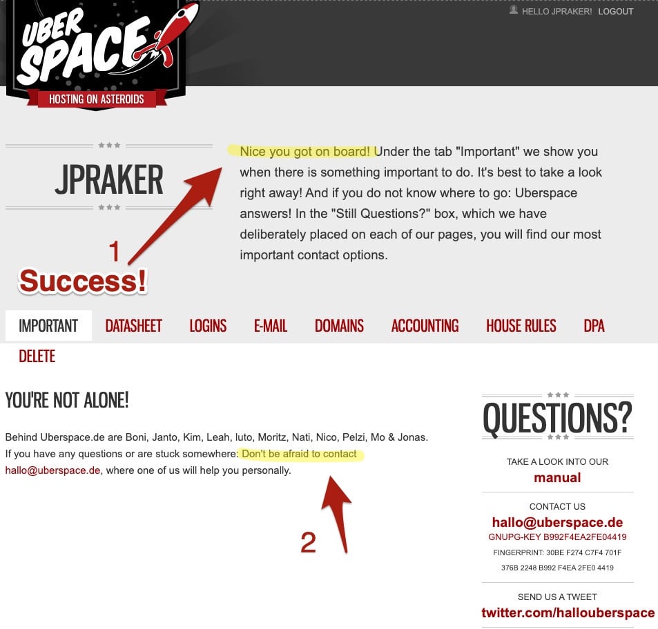 Screenshot shows the registration page of Uberspace