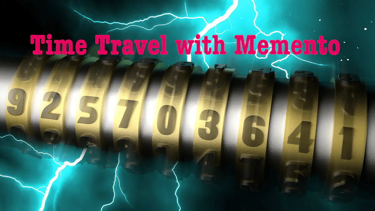 Lightning in the background with a big combination lock in the foreground. The picture is titled "Time Travel with Memento".
