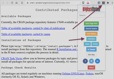 Screenshot displays webpage 'Contributed Packages' of the R-project with opened browser plugin of the Wayback Machine.