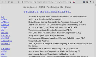 Screenshot displays web page 'Available CRAN Packages By Name'.