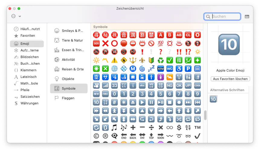 Screenshot of the macOS window for symbols and emoticons
