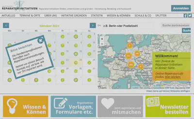 Screenshot of startpage of the reparatur-initiativen network.